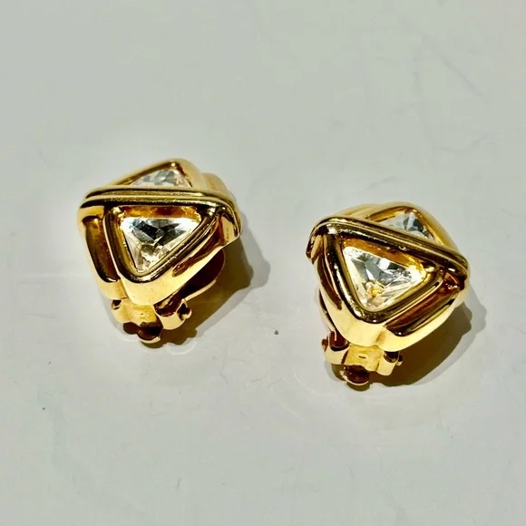 Vintage Swarovski Gold Triangle Clip-On Earrings - Picture 2 of 12